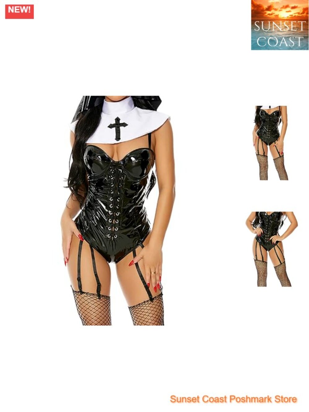 Nun Costume Bodysuit Collar Veil Halloween Cosplay Exotic